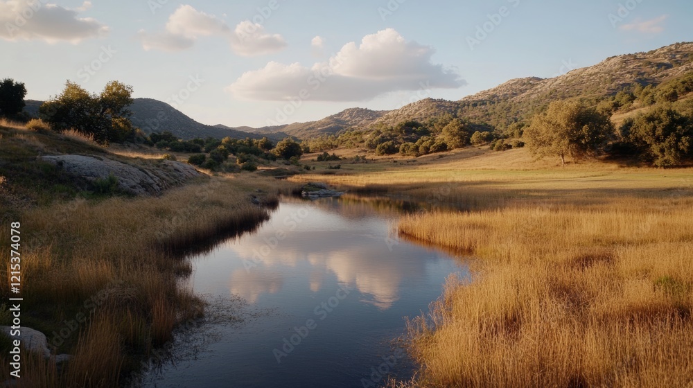 Serene landscape with a tranquil stream reflecting fluffy clouds under clear skies, framed by gentle hills and golden grass. Serene landscape with a tranquil stream reflecting fluffy clouds under clear skies, framed by gentle hills and golden grass.