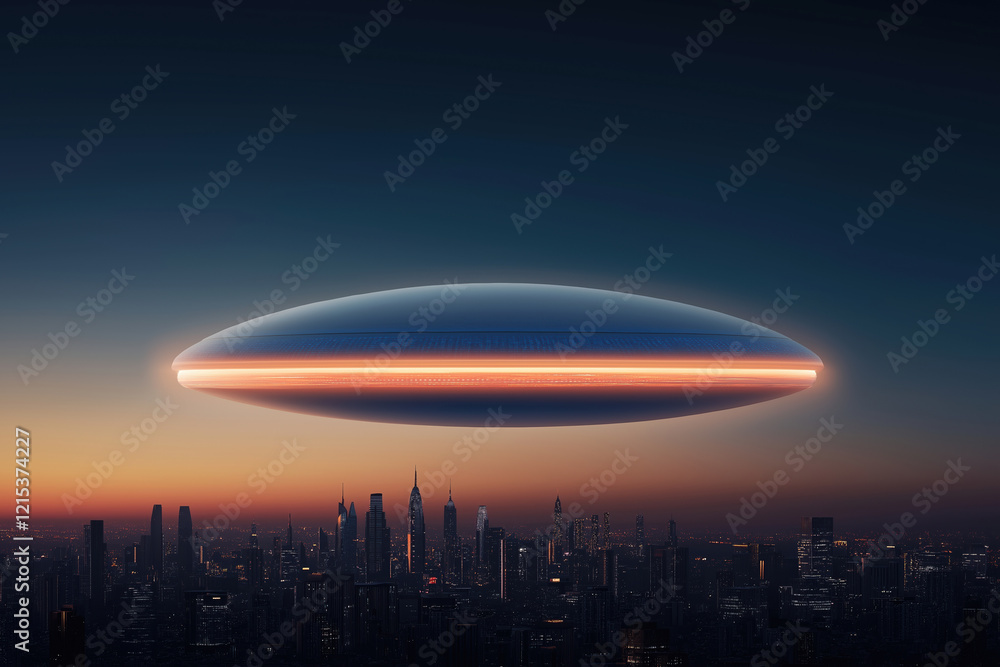 Futuristic spacecraft hovers over city skyline during twilight hours Futuristic spacecraft hovers over city skyline during twilight hours