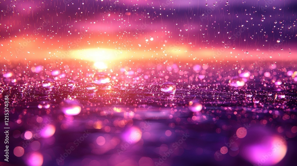 Vibrant sunset rain; water droplets reflecting colorful light. Vibrant sunset rain; water droplets reflecting colorful light.