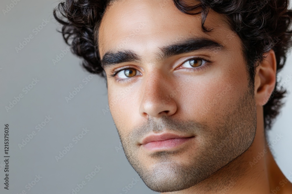 Close-Up Portrait of a Handsome Young Man with Curly Hair and Intense Eyes Close-Up Portrait of a Handsome Young Man with Curly Hair and Intense Eyes