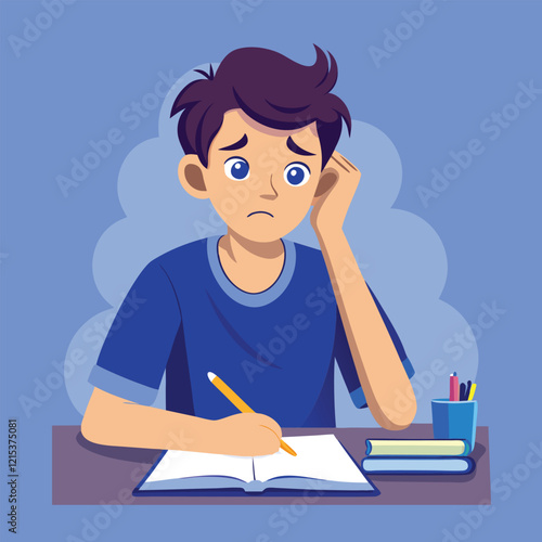 Flat Style Illustration of a Stressed student struggling with homework  