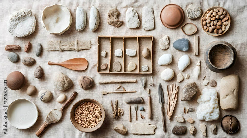 Ancient artifacts and tools arranged on beige fabric; archeological collection; historical research; educational resource Ancient artifacts and tools arranged on beige fabric; archeological collection; historical research; educational resource