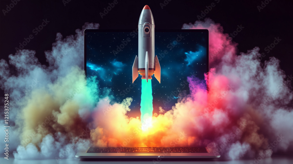 Fototapeta premium Rocket coming out laptop screen, colorful smoke