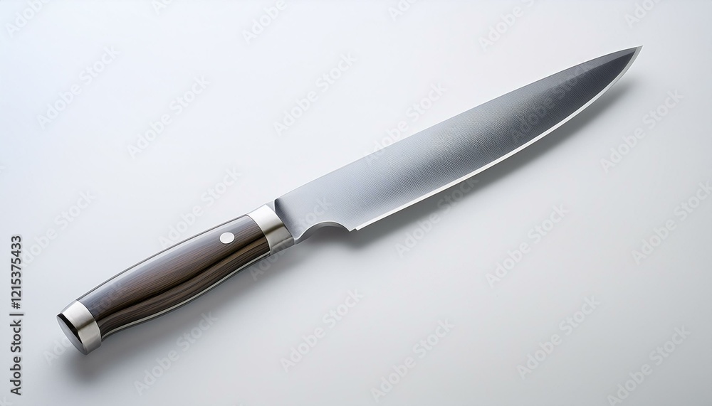 a sharp knife with a polished steel blade showcased on a plain white backdrop