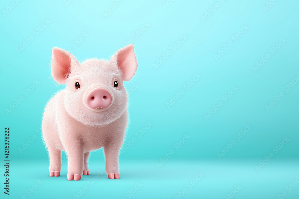 Cute young piglet standing against a bright blue background with a playful expression Cute young piglet standing against a bright blue background with a playful expression
