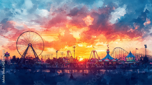 Kirmes Jahrmarkt Aquarell Vergnügunspark