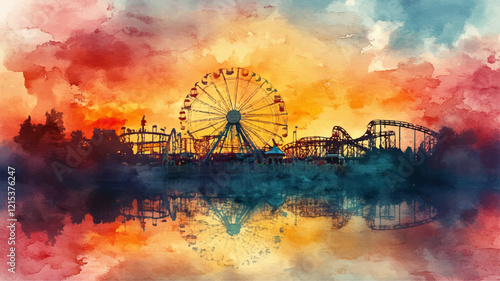 Kirmes Jahrmarkt Aquarell Vergnügunspark