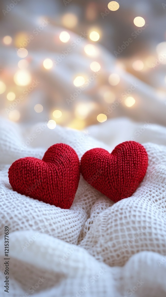 Fototapeta premium Close-up of two red knitted hearts on a white fabric with a blurred background with bokeh lights. Red hearts in celebration of&nbsp;love&nbsp;and&nbsp;unity.