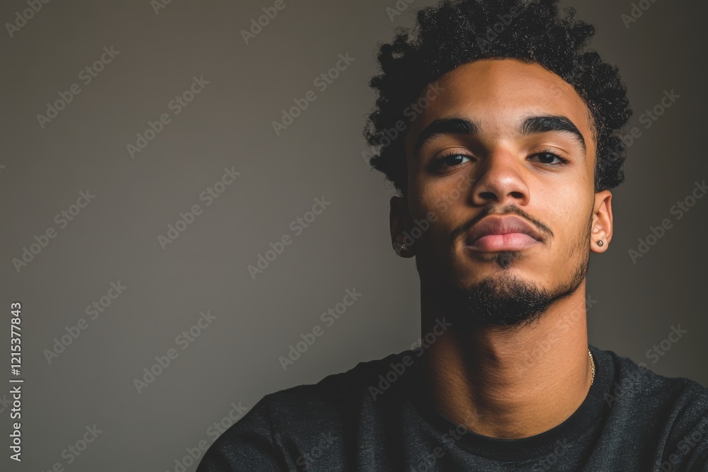 Confident Young Man with Curly Hair Posing Against a Neutral Background Confident Young Man with Curly Hair Posing Against a Neutral Background