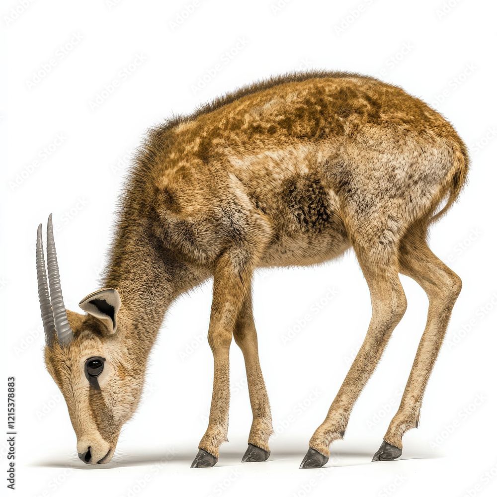 Fototapeta premium Young, furry antelope grazing, side profile, isolated.