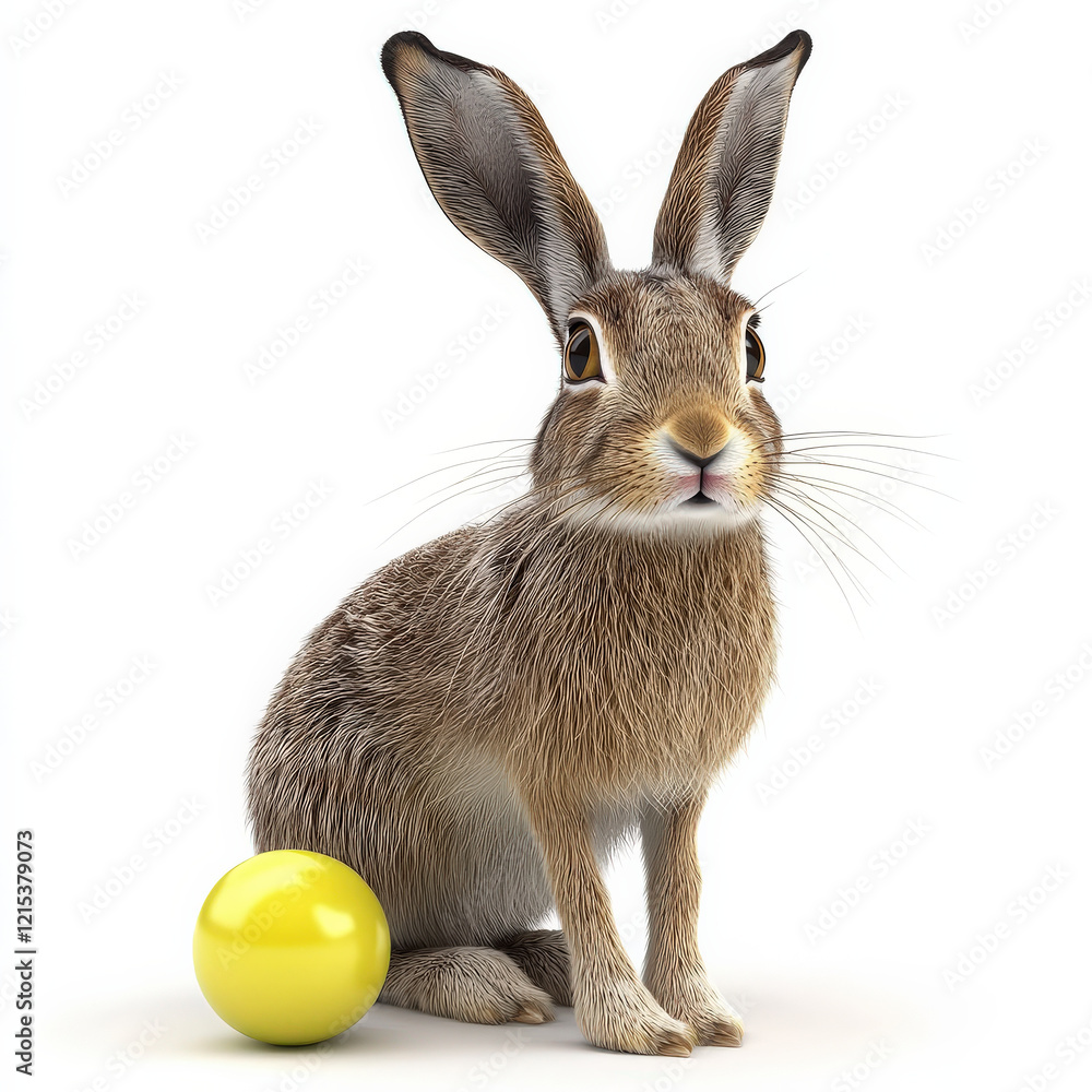Fototapeta premium Brown hare sitting beside a yellow sphere.