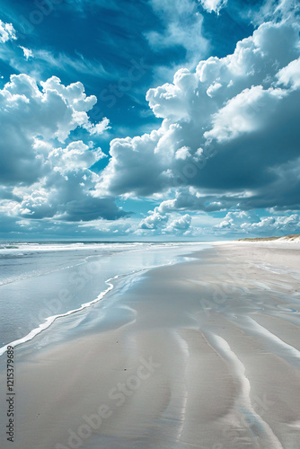 The white sea foam gently dissolves into the sandy shore as the tide ebbs on a picturesque day photo