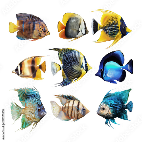 Colorful Tropical Fish Set. Vector illustration.