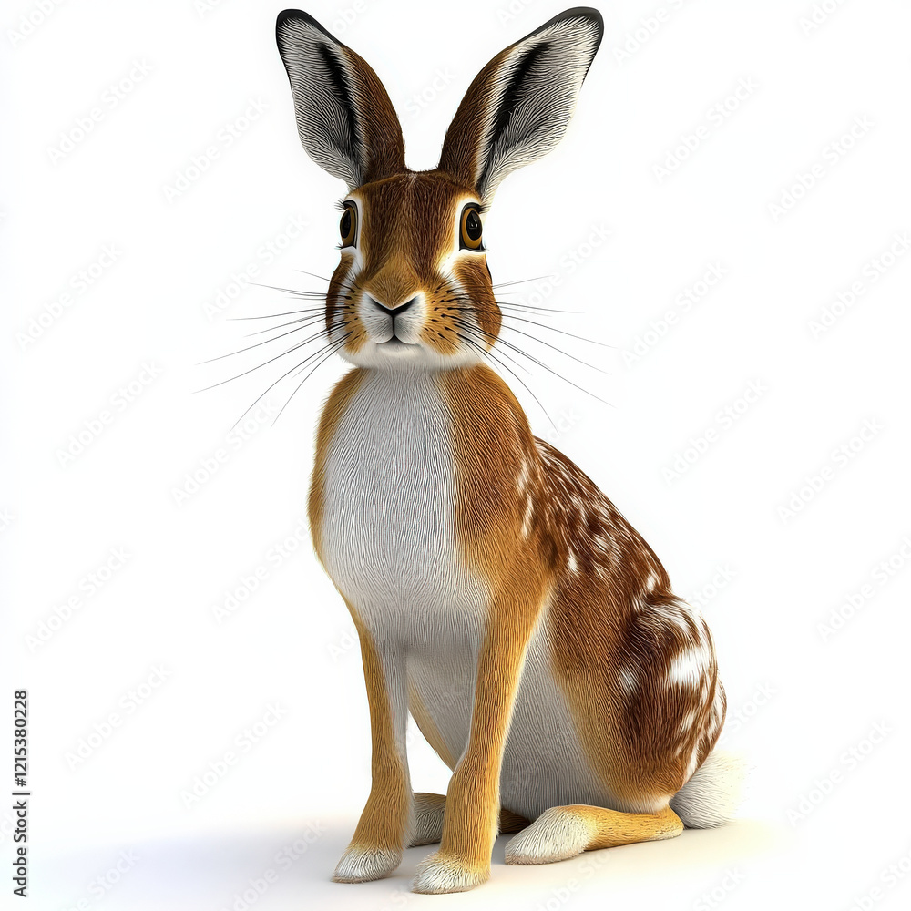 Fototapeta premium Brown hare sitting, detailed fur, white background.