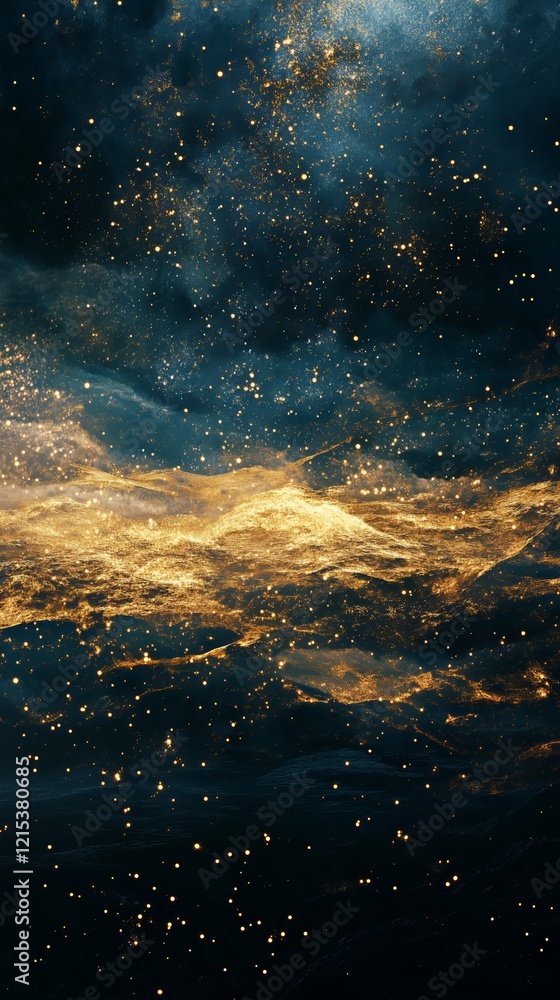 Fototapeta premium Golden Sparkling Dust in a Deep Cosmic Night - Made with Generative AI