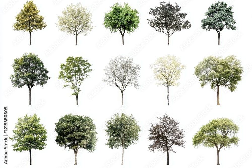 Fototapeta premium A collection of various tree species each isolated and presented in full foliage isolated on a white background