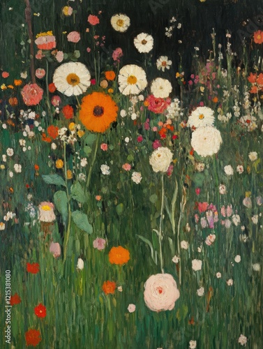 Vibrant flower garden bursts with colors in a lush green landscape during sunny daylight