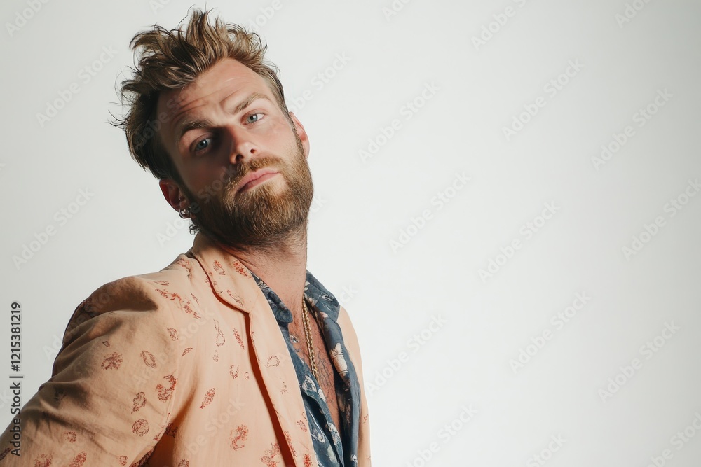 Stylish Young Man with Beard in Trendy Outfit Posing Against a Neutral Background Stylish Young Man with Beard in Trendy Outfit Posing Against a Neutral Background