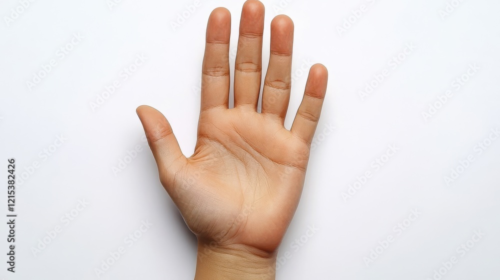 Human Hand Open Palm Gesture Against White Background Human Hand Open Palm Gesture Against White Background