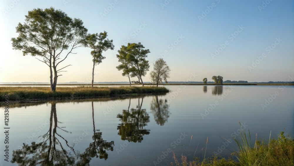 Obraz premium Flat calm water reflects the simple shapes of nearby trees, nature, minimalist, reflection, modern