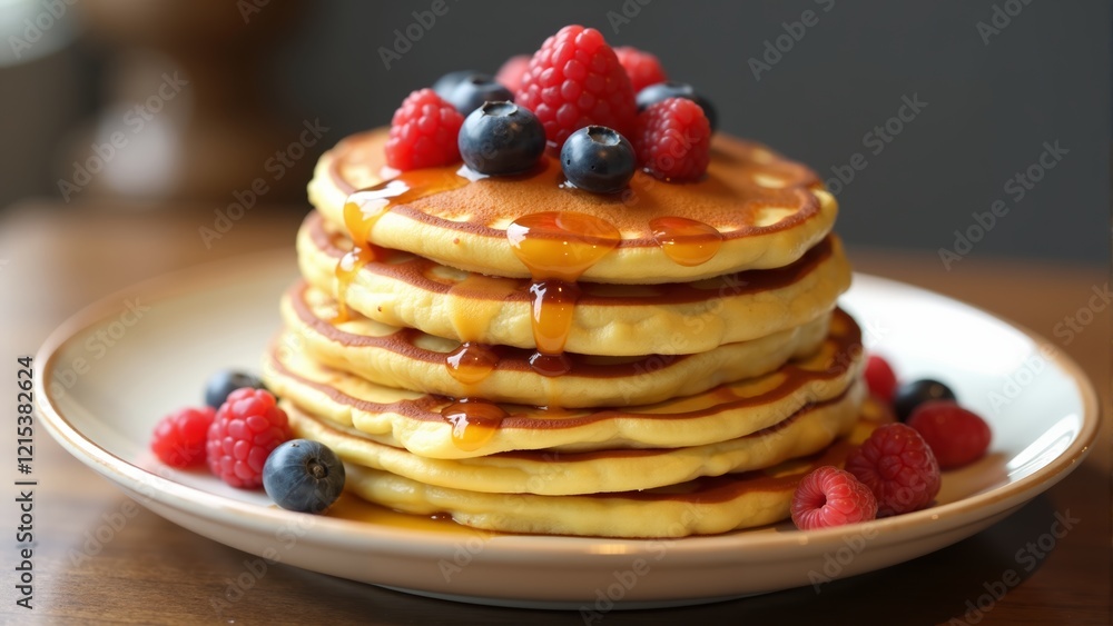 Fluffy pancakes stacked high with fresh berries and syrup at a cozy breakfast spot Fluffy pancakes stacked high with fresh berries and syrup at a cozy breakfast spot