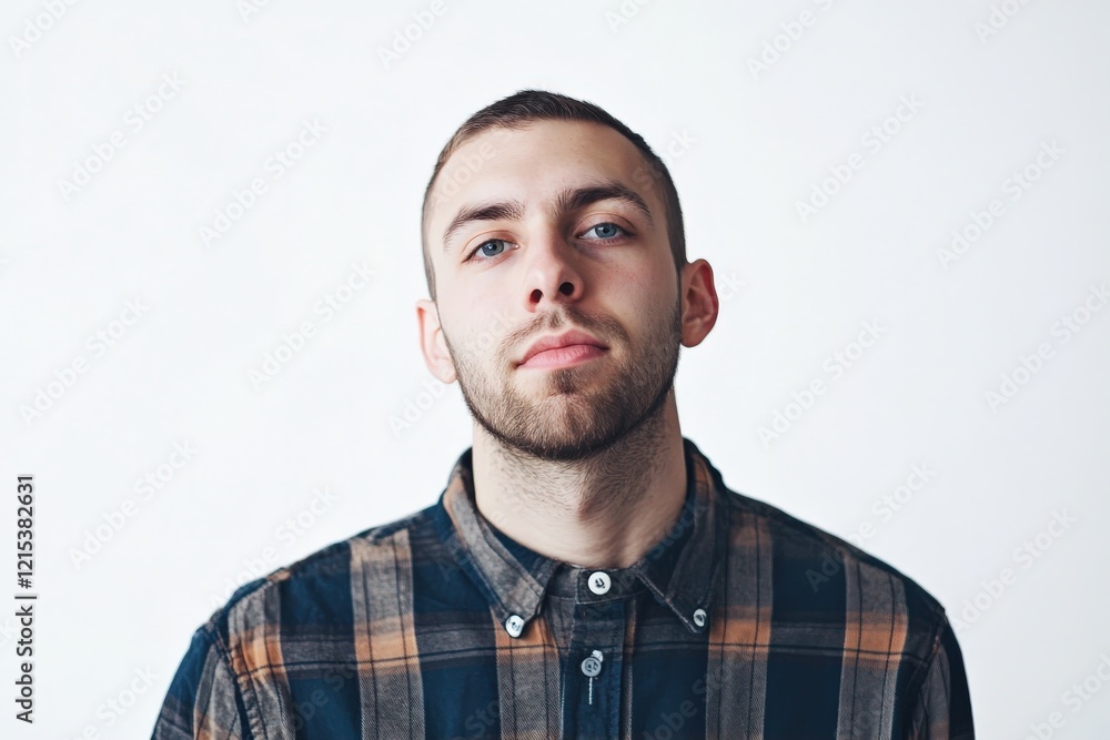 Obraz premium Confident Young Man in Plaid Shirt Against a Minimalist Background