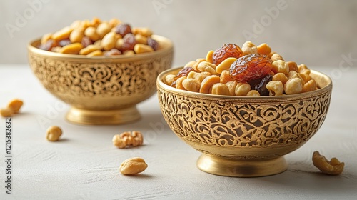 bowls filled with dried dates, almonds, and mixed nuts on a light background. photo