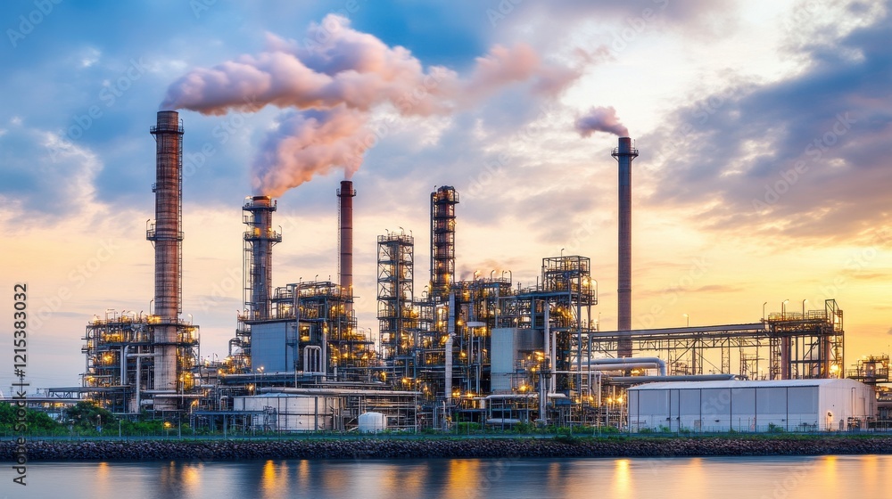 Vibrant Sunset Over Industrial Landscape with Emissions Vibrant Sunset Over Industrial Landscape with Emissions