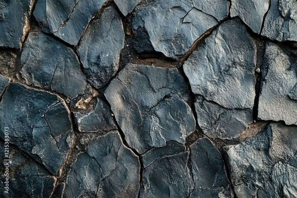 Fototapeta premium Dark, cracked stone surface; textured, rugged, geological formation.