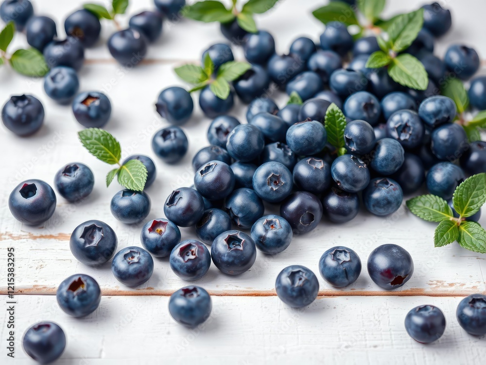 Fresh blueberries scattered on a rustic white wooden table, colorful, food Fresh blueberries scattered on a rustic white wooden table, colorful, food