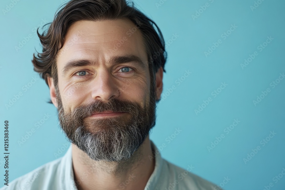 Obraz premium Confident Man with Beard Smiling Against a Soft Blue Background