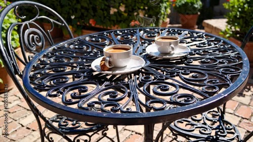 Two Cups of Coffee on Ornate Table in a Garden Setting