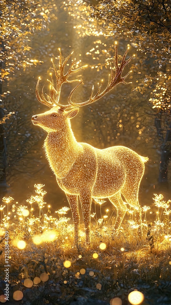 Fototapeta premium majestic golden stag with antlers glowing like rays of sunlight. Its shimmering coat reflects the soft hues of dawn, and its every step brings small glowing flowers to life