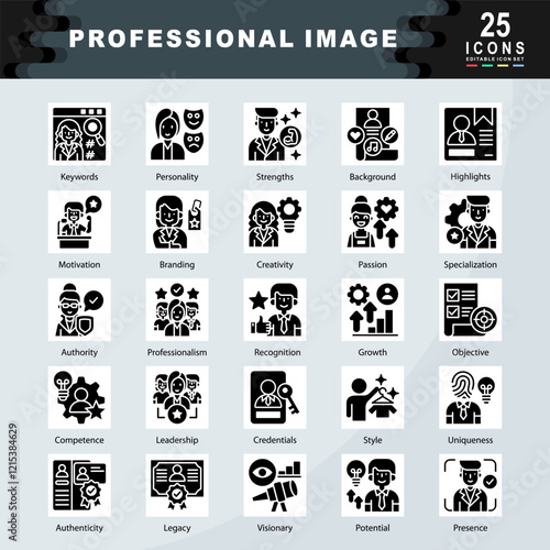  Professional Image icon set containing Keywords, Personality, Strengths, Background, Highlights, Motivation, Branding, Creativity, Passion, Specialization, Authority icon. Simple glyph vector
