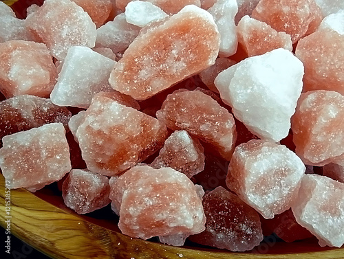 Closeup shot of pink Himalayan salt crystals in a wooden bowl.  Natural texture and vibrant color ideal for culinary, wellness, or spathemed projects. photo