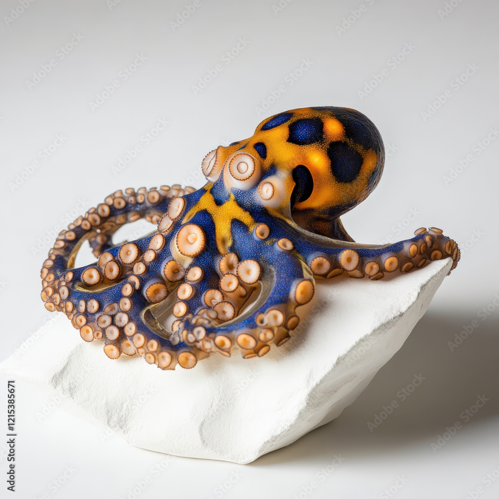 Fototapeta premium Vibrant Blue-Ringed Octopus on White Rock.