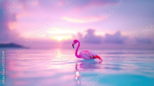 Solitary flamingo in tranquil pink-hued sunset over a serene ocean horizon with vivid sky reflections and soft pastel clouds