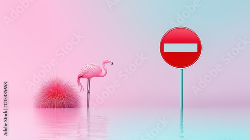 Surreal flamingo scene with no entry sign in pastel landscape, featuring tranquil water reflection and vibrant pink and aquatic blues for trendy artistic concepts photo