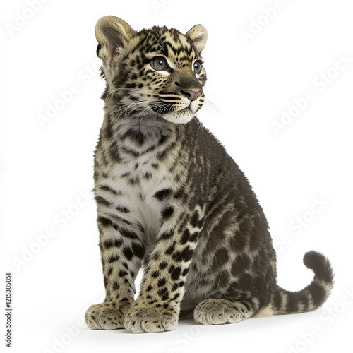 Adorable clouded leopard cub sits, gazing intently.