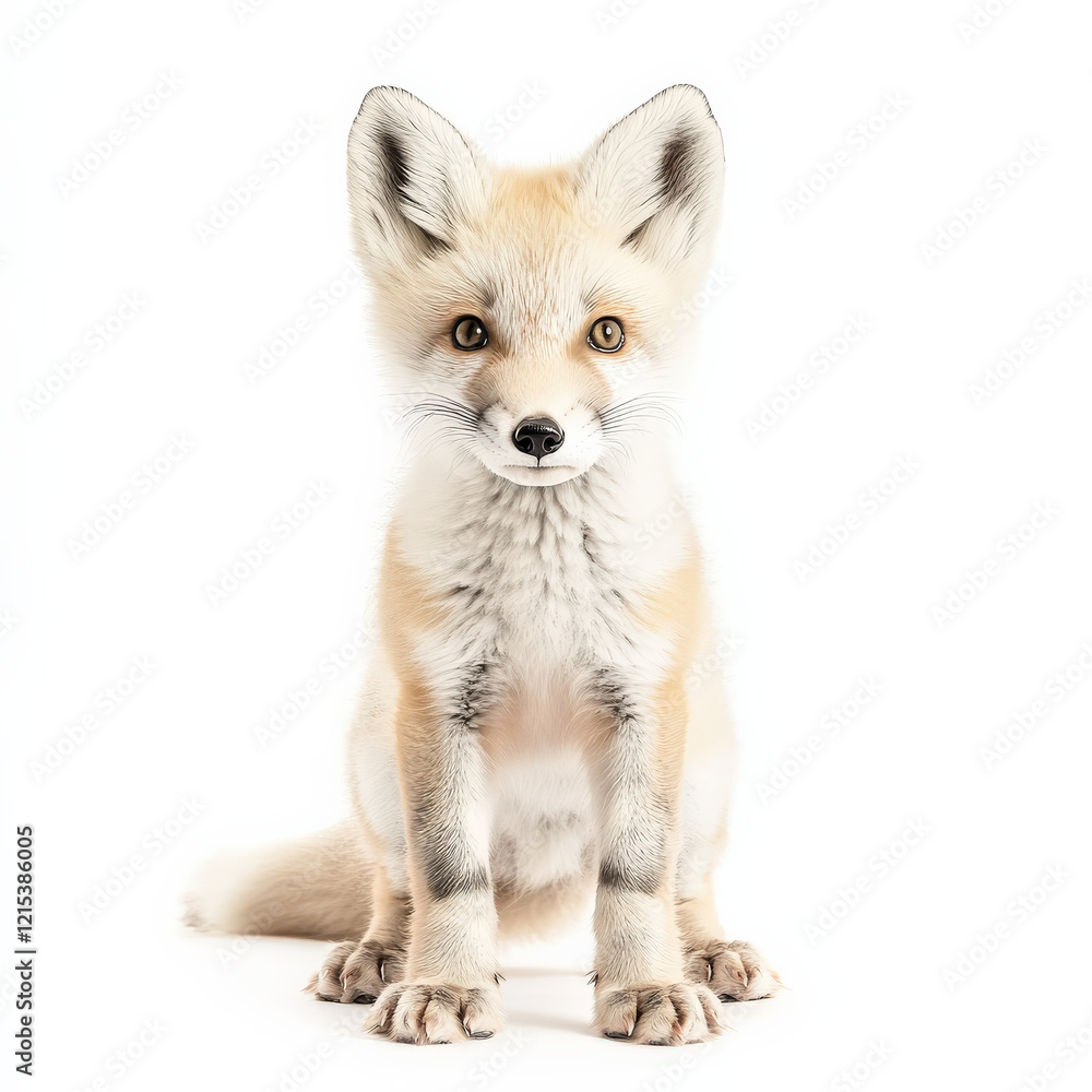 Obraz premium Creamy fox kit sitting, facing camera, isolated on white.