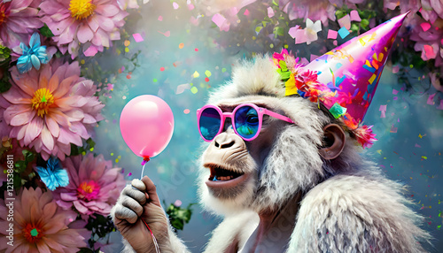 monkey, party, balloon, new, close up, pink, card, design, floral, flowers, hat, with, a, on, flower, background, cartoon, birthday, happy, copy space, sunglasses, blowing, cute, y2k, rose, fun, 3d, 1 photo