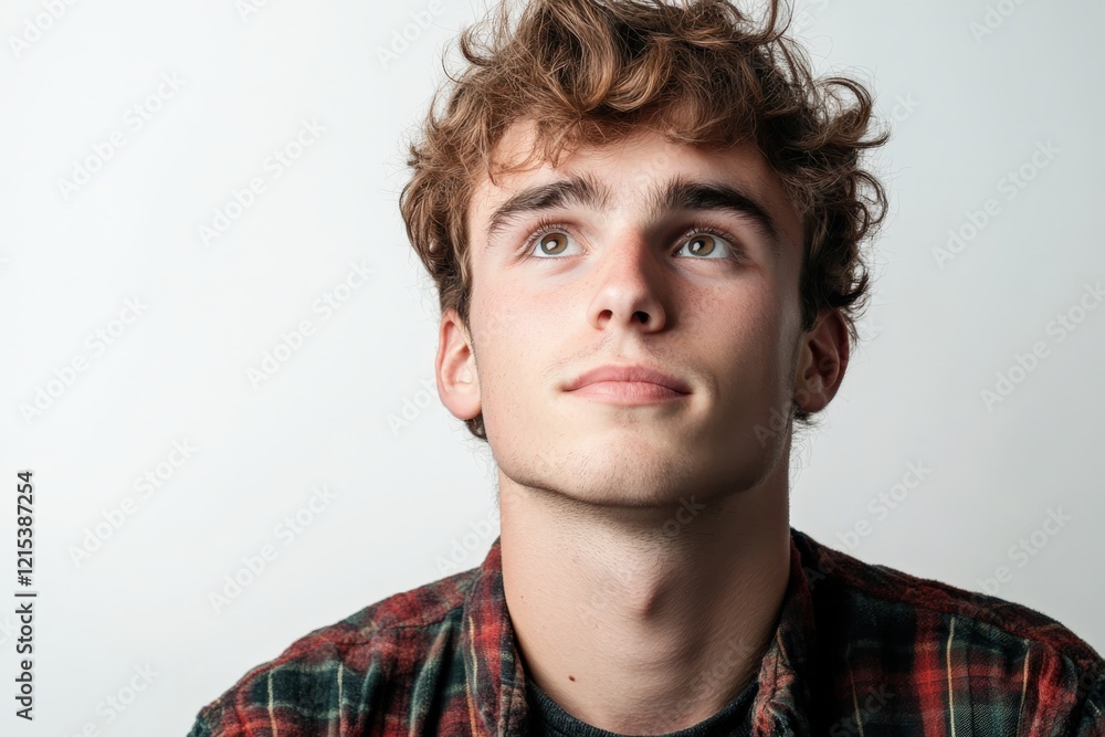 Obraz premium Thoughtful Young Man with Curly Hair Looking Upwards in a Studio Setting