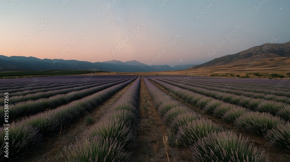Fototapeta premium Endless rows of lavender stretch towards the horizon during twilight, framed by distant mountains and a starry sky.