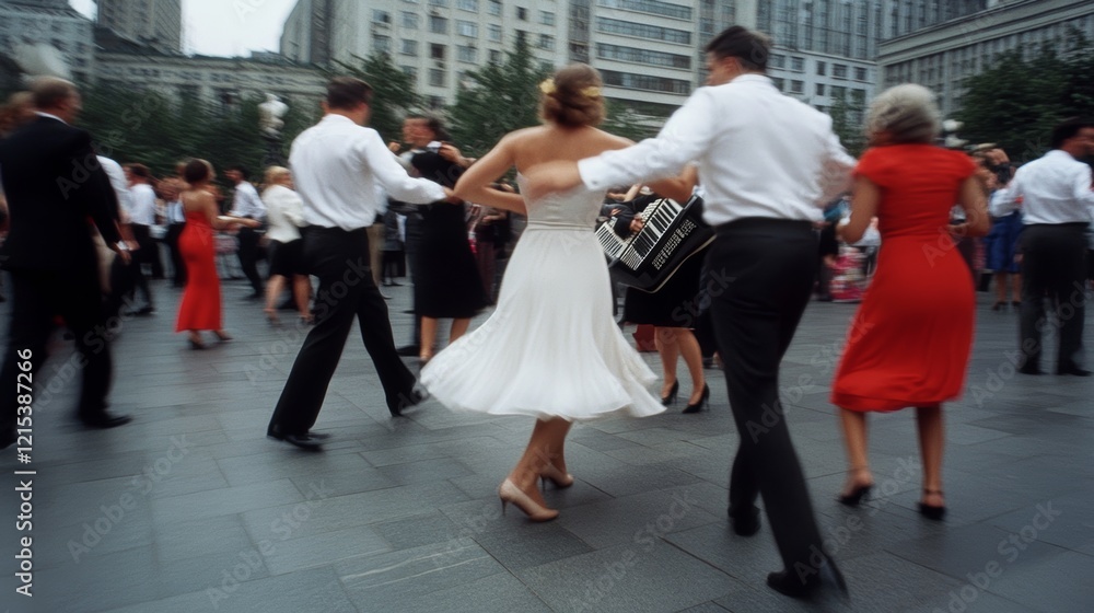Dancers whirl in elegant motion amidst an urban landscape, capturing the lively spirit and vibrant energy of a city square. Dancers whirl in elegant motion amidst an urban landscape, capturing the lively spirit and vibrant energy of a city square.
