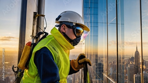 Window washer gracefully suspended high above the bustling city skyline at dusk, ensuring sparkling, clear glass for onlookers below photo