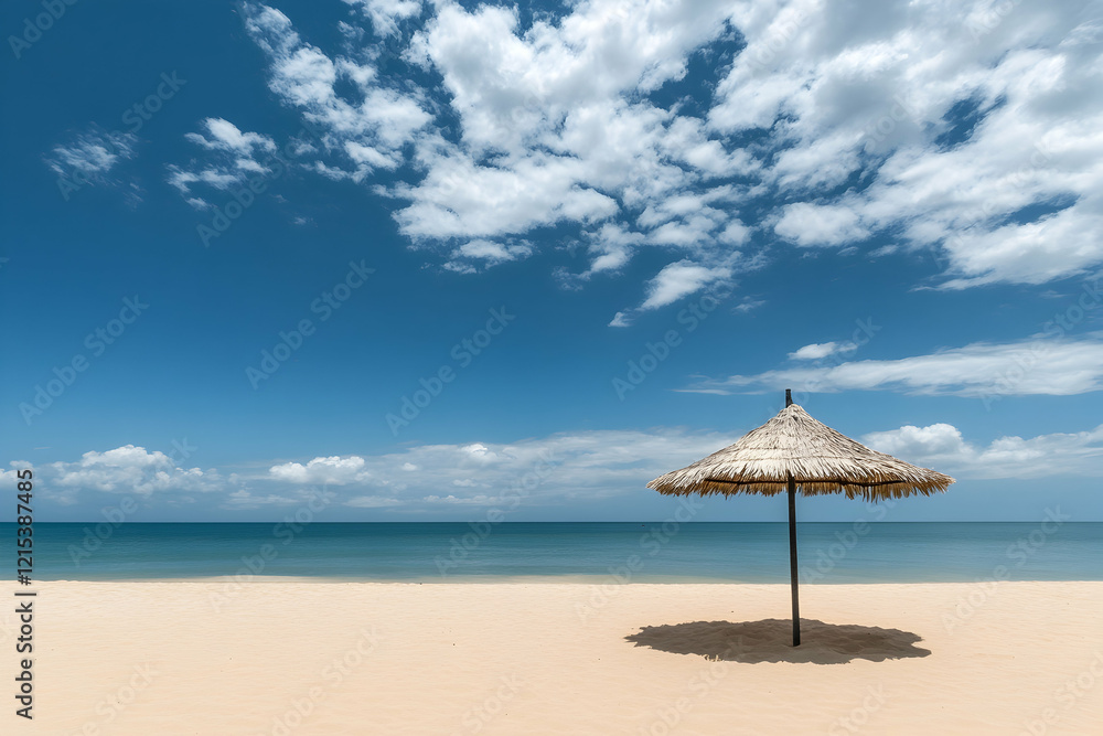 Sun umbrella on a sandy beach in a low-angle view against a blue sky Sun umbrella on a sandy beach in a low-angle view against a blue sky