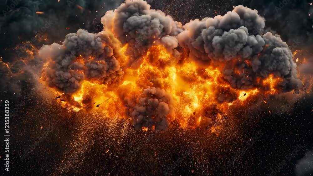 Dramatic Explosion with Fiery Flames and Dark Clouds Above Dramatic Explosion with Fiery Flames and Dark Clouds Above