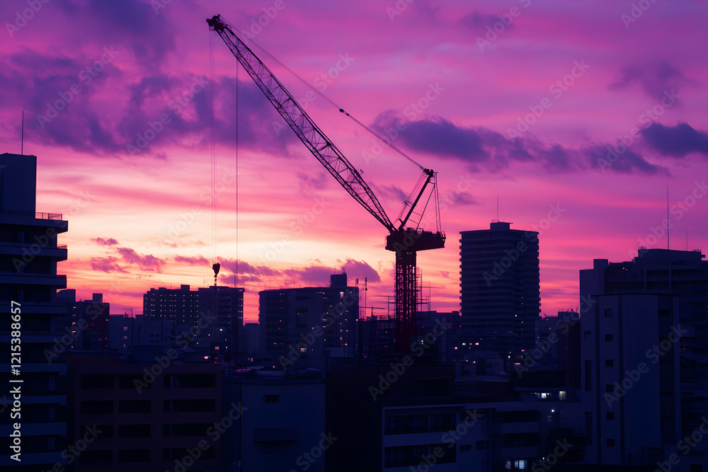 Tower crane and building under construction against a dusky sky Tower crane and building under construction against a dusky sky