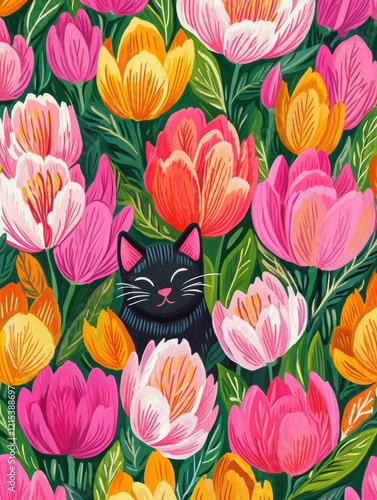 Black cat hidden among colorful tulips in a vibrant spring garden