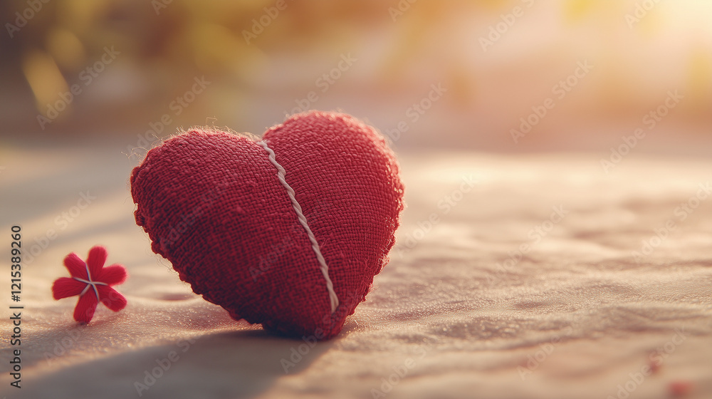 Fototapeta premium A red heart made of fabric with visible stitches and a needle resting nearby, lying on a soft pastel surface, symbolizing repair and healing